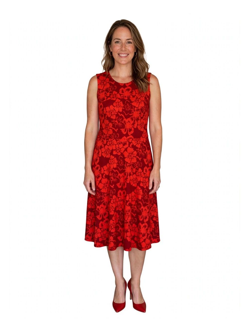 Lands' End Red Floral Fit-and-Flare Midi Dress